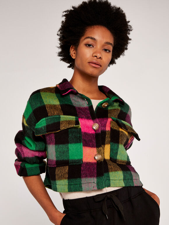 Gingham Cropped Shacket, Green, large