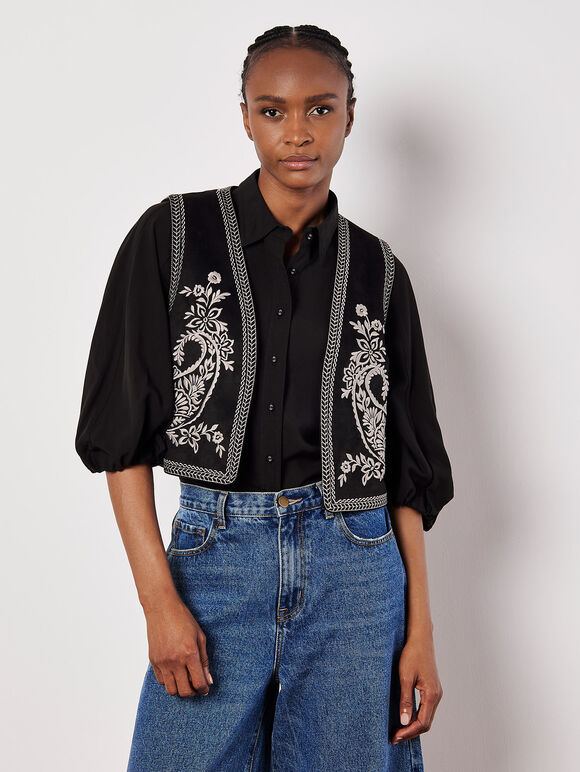 Embroidered Suedette Waistcoat, Black, large