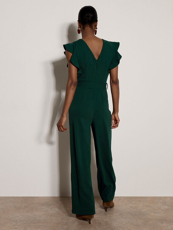Ruffle Sleeve Jersey Jumpsuit, Pine Green, large