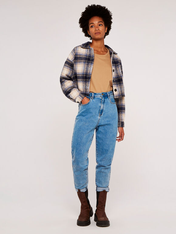 Plaid  Crop Jacket, Navy, large