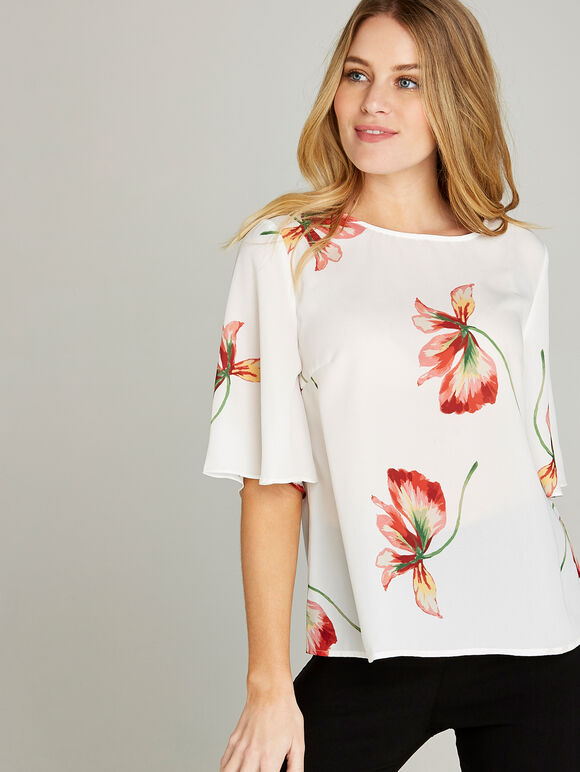 Red Kimono Sleeve Scattered Flower Top, Orange, large