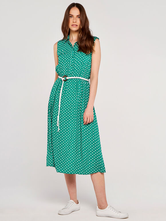 Polka Dot Midi Shirt Dress, Green, large