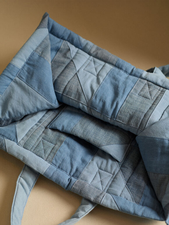 Cotton Denim Patchwork Tote Bag, Blue, large