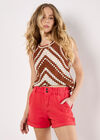 Ruched Denim Rolled Hem Shorts, Coral, large