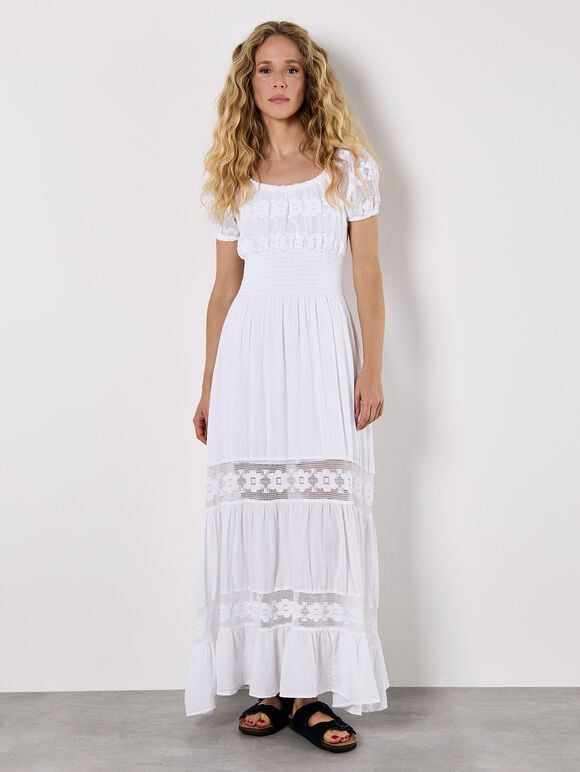 Floral Lace Milkmaid Maxi Dress, White, large