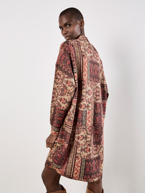 Ikat Patchwork Oversized Jumper Mini Dress, Burgundy, large