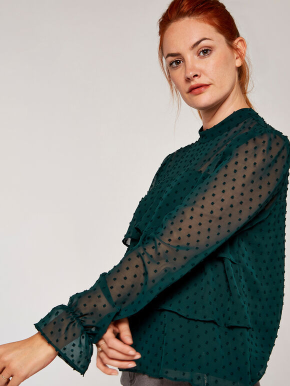 Sheer Dobby Long Sleeve Tiered Top, Green, large