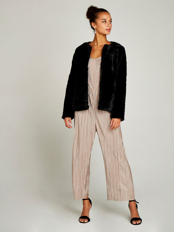 Faux Fur Short Crop Jacket, Black, large