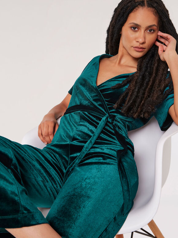 Velvet Wrap Culotte Jumpsuit, Green, large