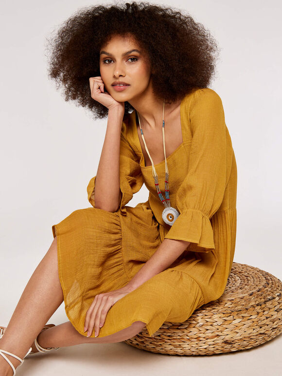 Milkmaid Tiered Dress, Mustard, large