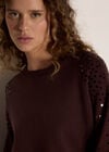 Sequin Sleeve Ribbed Knit Jumper, Brown, large