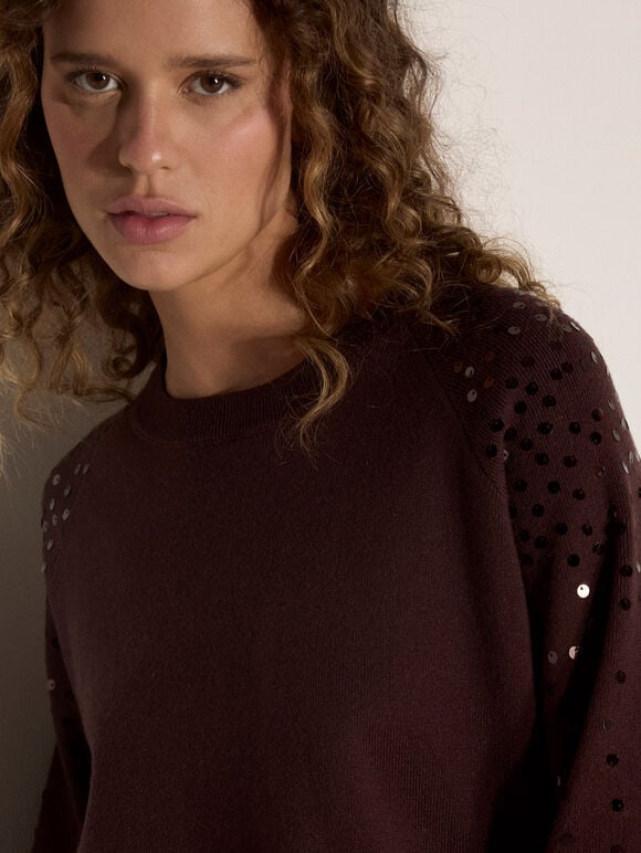 Sequin Sleeve Ribbed Knit Jumper, Brown, large