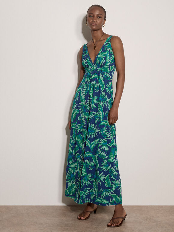 Tropical Leaf Jersey Maxi Dress, Blue, large