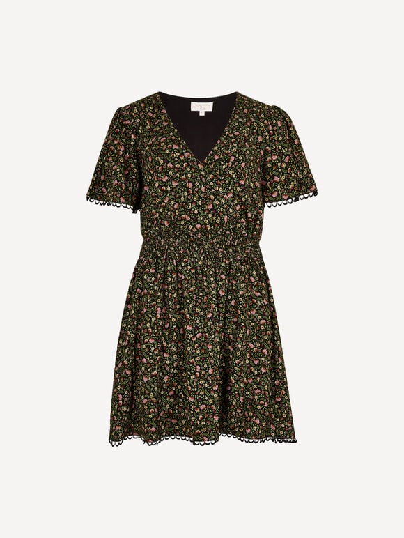 Ditsy Floral Gold Foil Mini Dress, Black, large