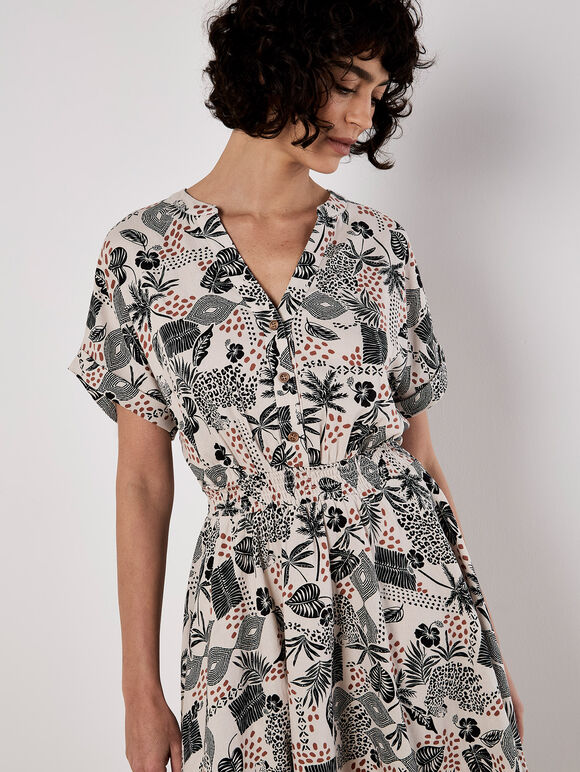Tropical Print Linen Blend Mini Dress, Stone, large
