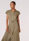 Linen Blend Belted Shirt Midi Dress, Khaki, large