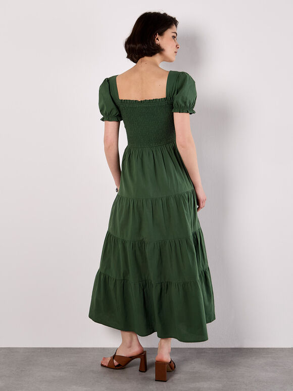 Cotton Tiered Milkmaid Midi Dress, Green, large