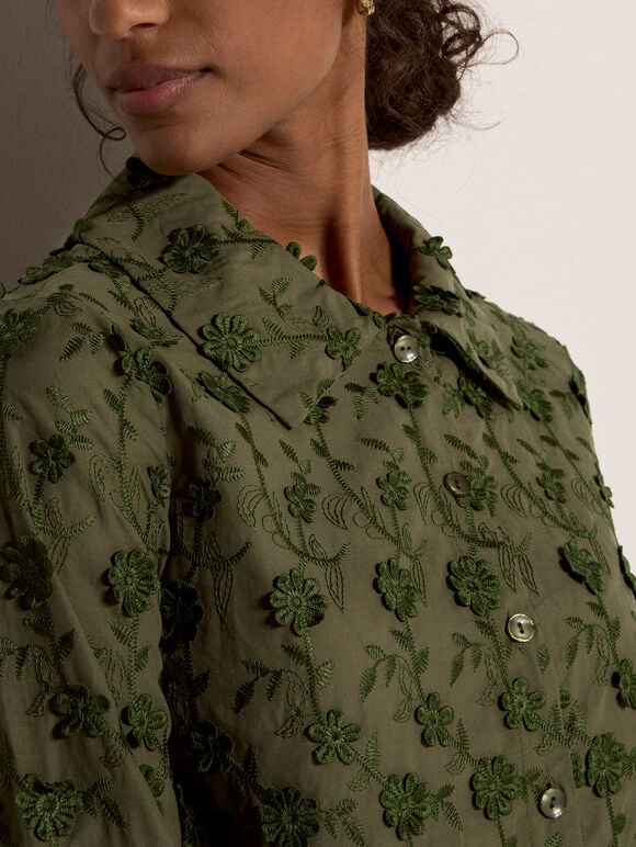 Applique Flowers Cropped Shirt, Khaki, large