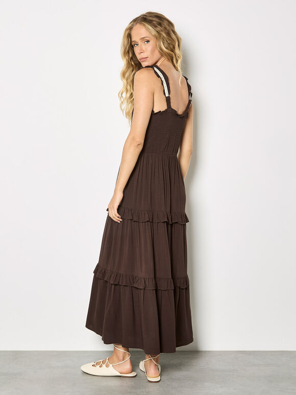 Tiered Lace Trim Midi Dress, Brown, large