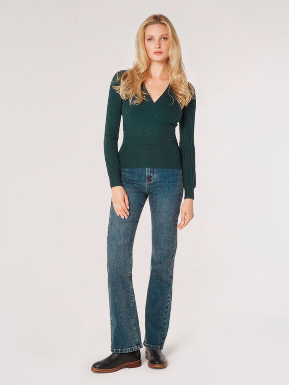 Rib Knit Wrap Top, Green, large