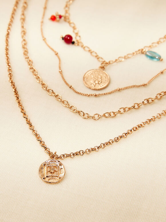 Gold Tone Layered Coin & Bead Necklace, Assorted, large