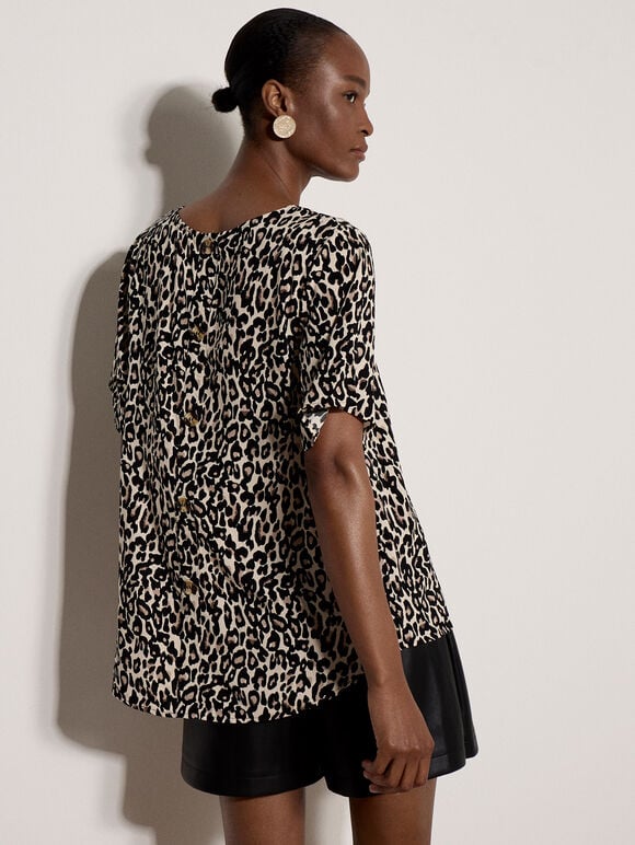 Button Back Animal Print Woven T-Shirt, Stone, large