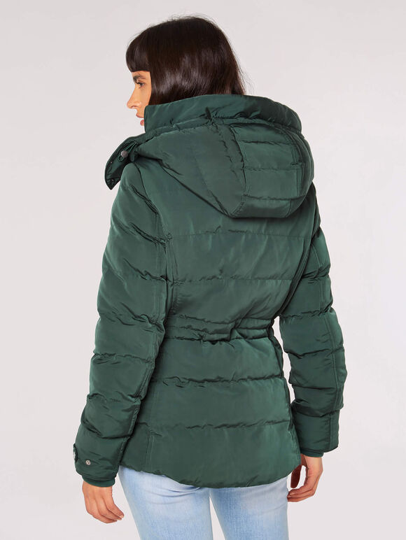 Faux Fur Hood Puffer Jacket, Green, large