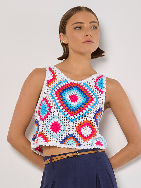 Diamond Crochet Crop Vest Top, Blue, large