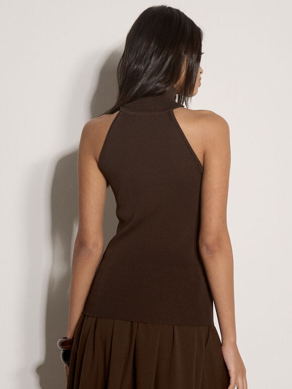 Roll Neck Knitted Tank Top, Brown, large
