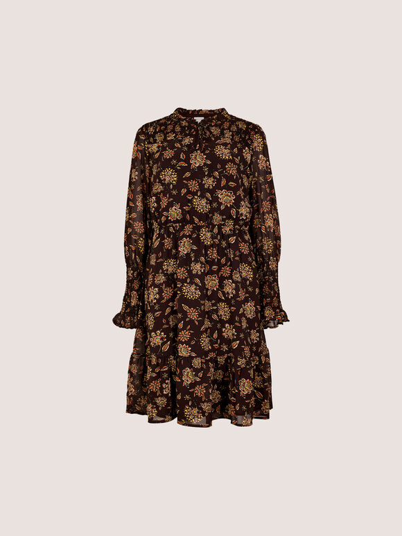 Folk Floral Chiffon Mini Dress, Brown, large