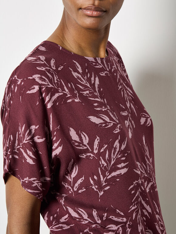 Leaf Print Woven T-Shirt, Burgundy, large