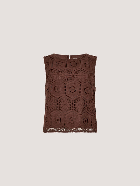 Crochet Lace Tile Shell Top, Brown, large
