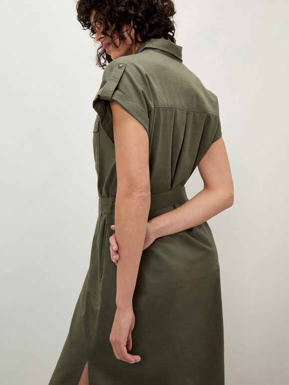 Cotton Slub Midi Shirt Dress, Khaki, large