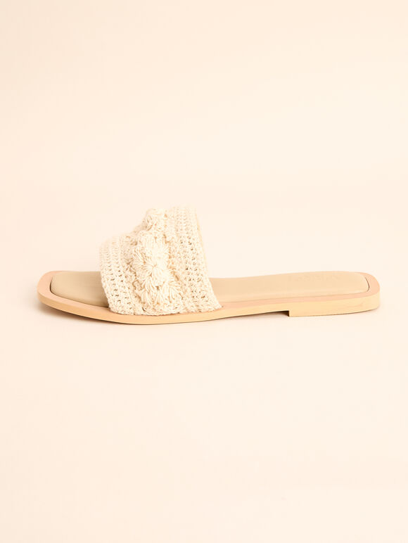 Hand-Crocheted Raffia Mule Sandals, White, large