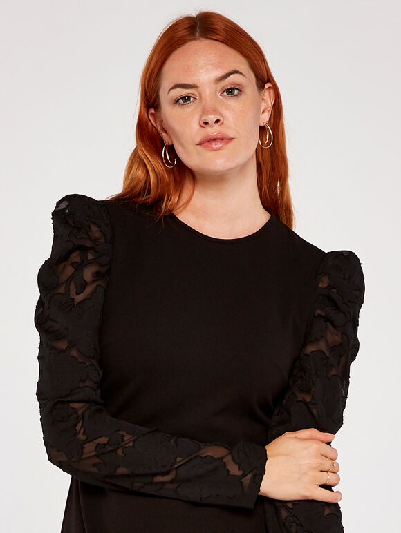 Sheer Puff Sleeve Bodycon Dress, Black, large