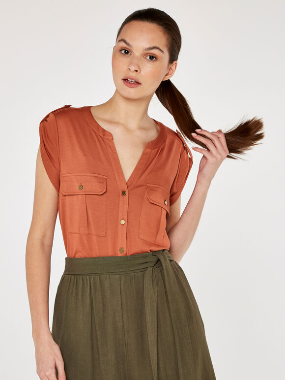 Pocket Vneck Military Top, Rust, large