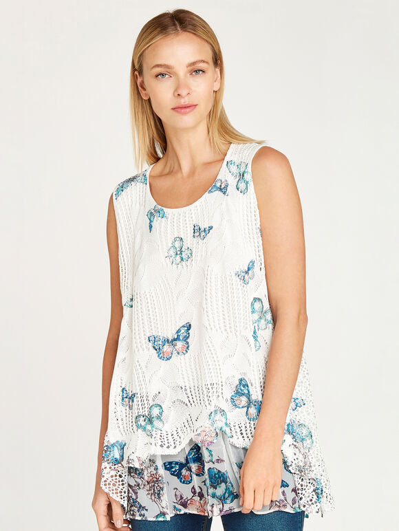Butterfly Mesh Knit Layered Top, Cream, large