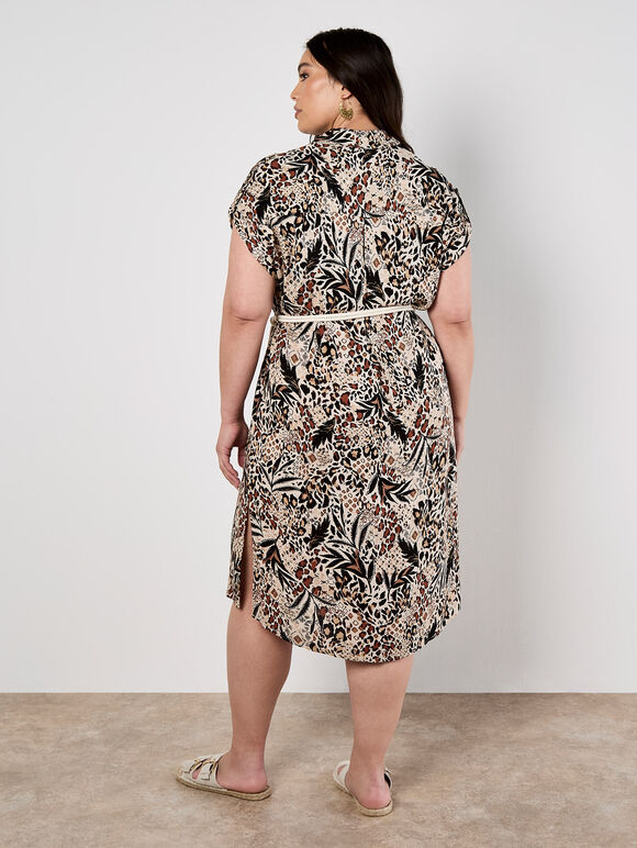 Mixed Animal Print Shirt Midi Dress, Stone, large