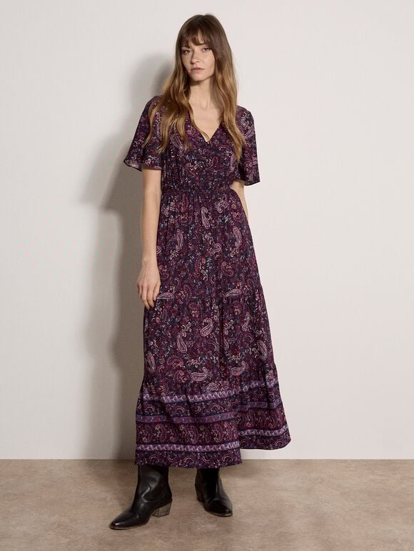 Paisley Print Tiered Maxi Dress, Navy, large