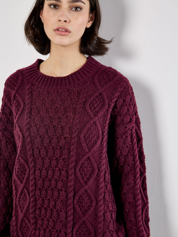 Cable Knit Oversized Jumper Mini Dress, Burgundy, large