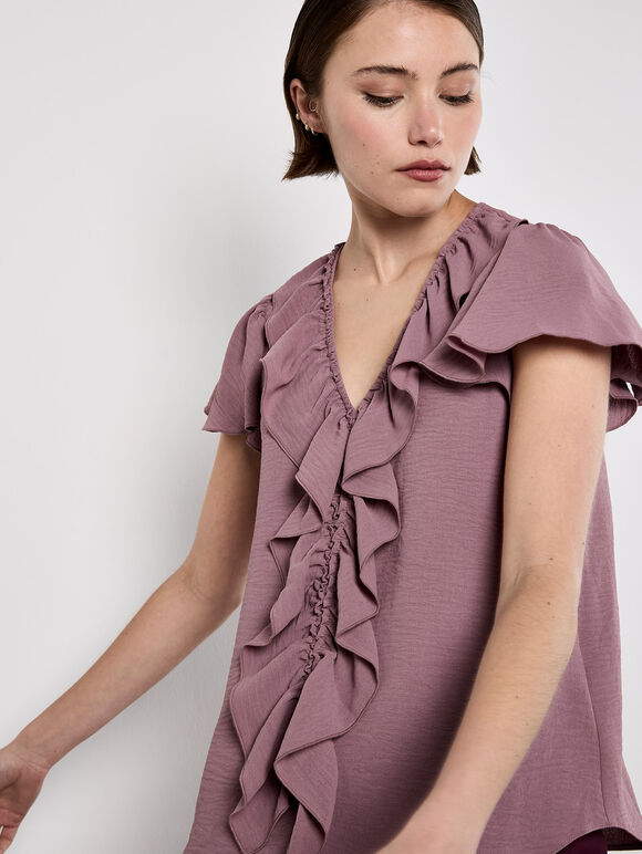 Ruffle Front Woven Top, Pink, large