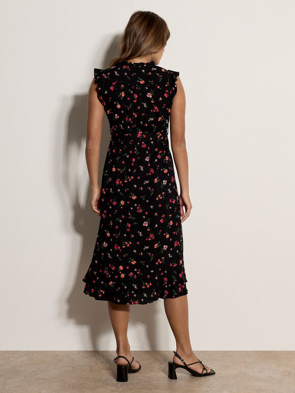 Ditsy Floral Ruffle Midi Dress, Black, large