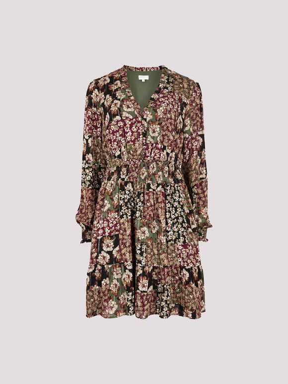 Patchwork Floral Shimmer Mini Dress, Green, large