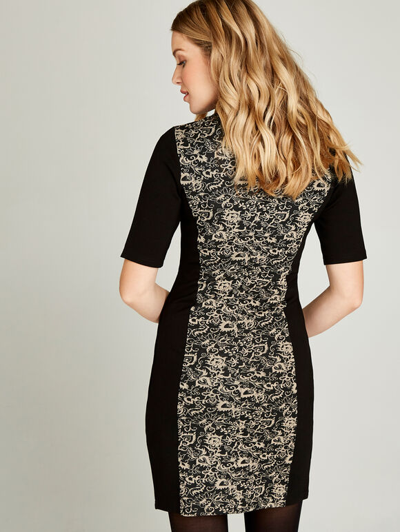Black Jacquard Illusion Midi Dress, Black, large