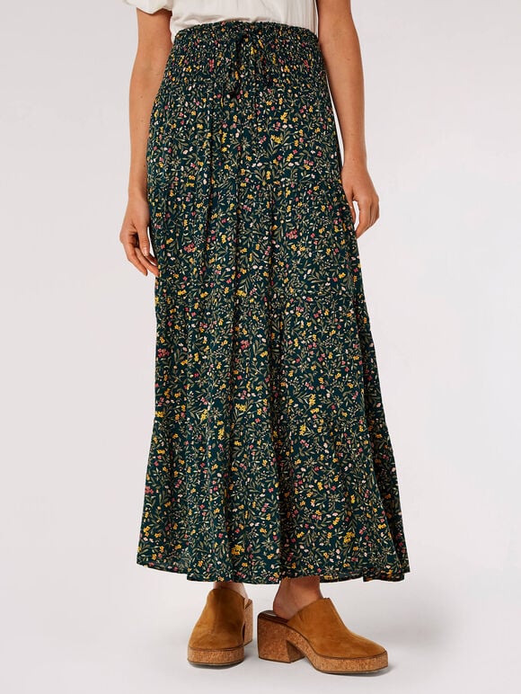 Forest Floral Tiered Maxi Skirt, Green, large