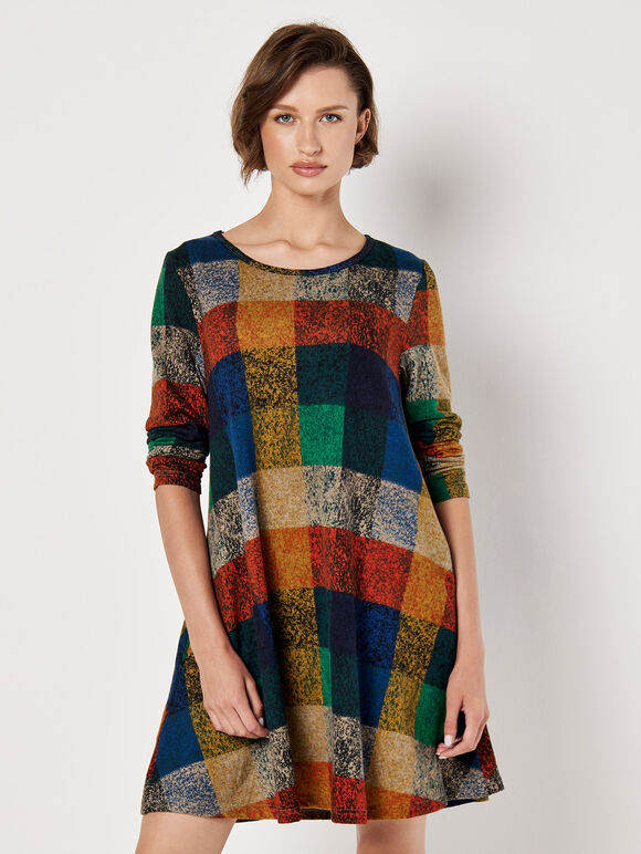 Colourful Patchwork Check Swing Mini Dress, Blue, large