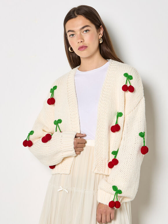 Chunky Knit Cherry Cardigan, Cream, large
