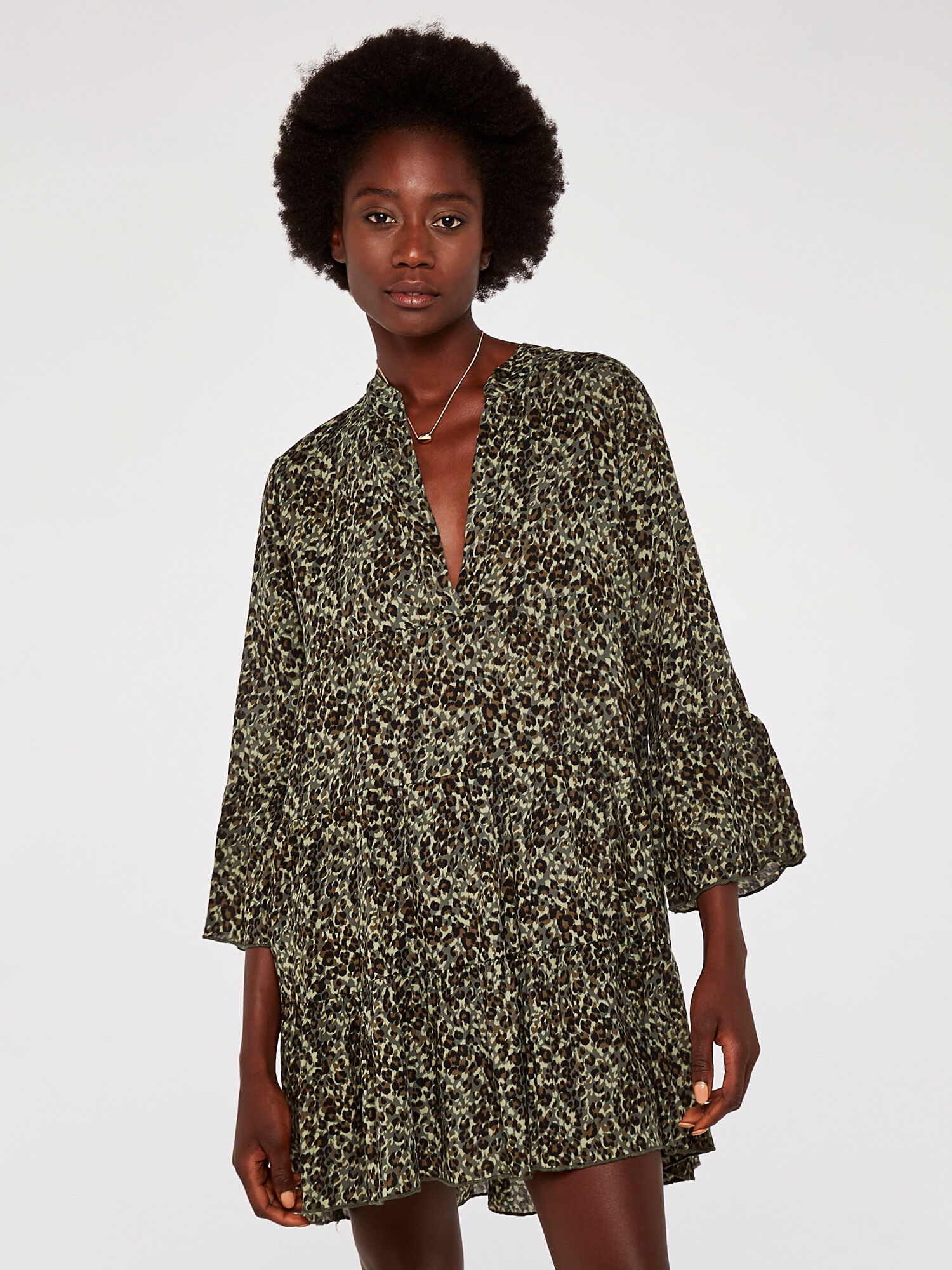 Camo Look Print Tiered Dress Apricot Clothing