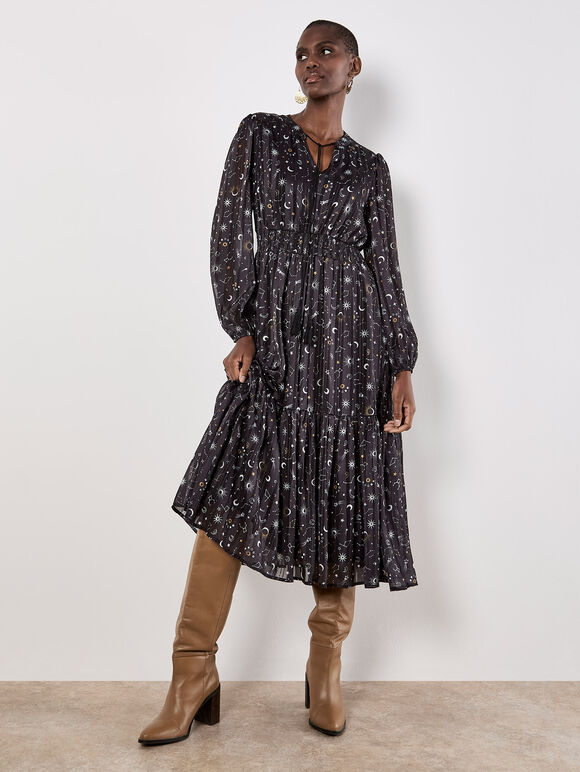 Constellation Shimmer Satin Midaxi Dress, Black, large