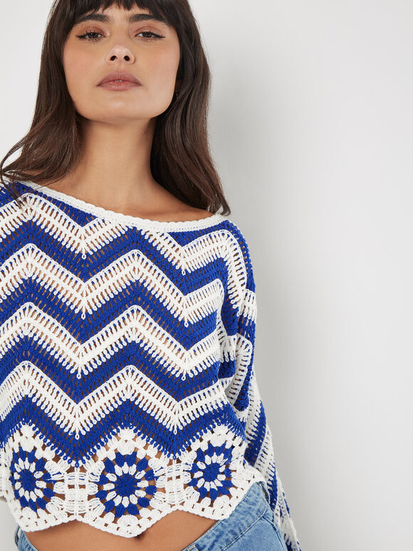 Crochet Chevron Bell Sleeve Top, White, large